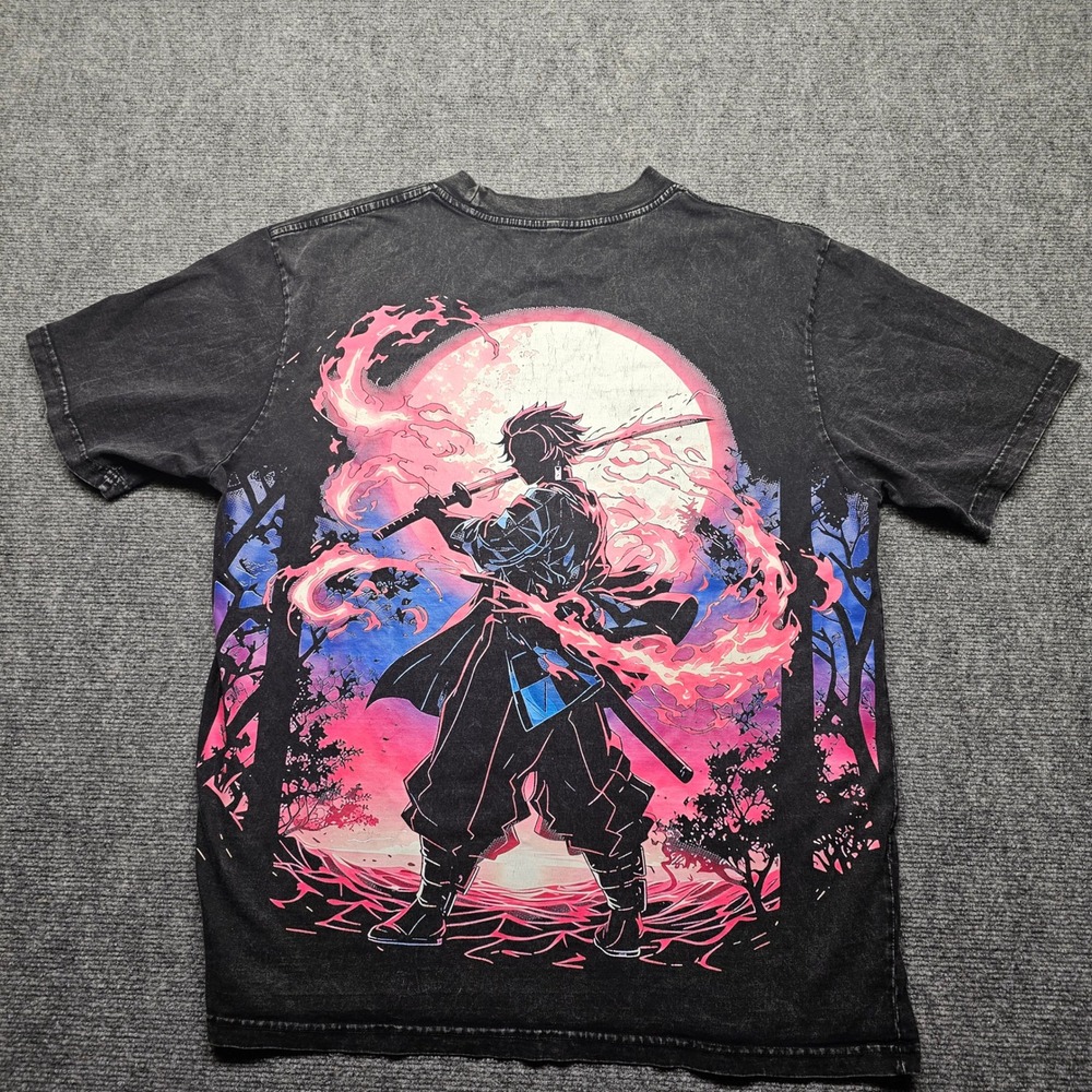 Demon Slayer Tanjiro Kamado Acid Wash Graphic T-Shirt XL Black Anime Tee